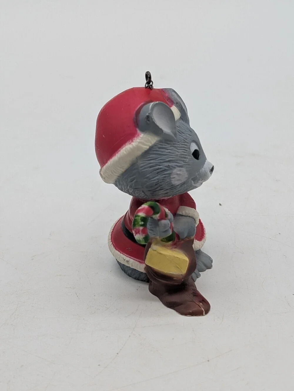 Vintage Christmas Santa Mouse Ornament Holding Candy Cane Gift Sack Kitsch